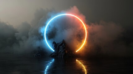 Aufkleber - The image is a 3D render of an abstract cloud lit up by a neon ring on a dark night sky, with a glowing geometric shape enclosed in a circular frame