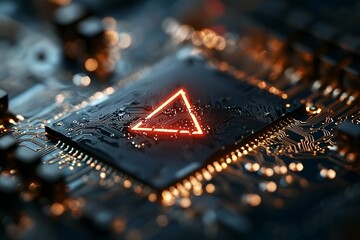 Poster - A digital LCD display warning icon with reflection symbolizes the concept of urgent attention needed for cyber attacks, malware, ransomware, data breaches, system hacking, viruses, spyware, and