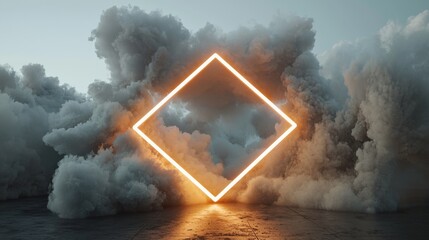 Aufkleber - The image is a 3D rendering of a futuristic, abstract background with neon geometric shapes and stormy clouds at night, enclosed in a rhombus frame that leaves space for copying