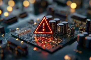 Poster - The concept of cyber attack, malware, ransomware, data breach, system hacking, virus, spyware, compromised information, and urgent attention is represented by a warning icon on a digital LCD display