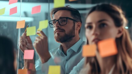 Aufkleber - Focused business team members are brainstorming and planning. Using colorful sticky notes on a glass wall in a modern office. Collaborating on innovative ideas and strategies for project development