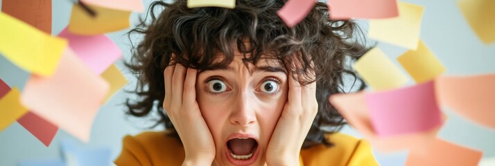Aufkleber - Stressed professional surrounded by colorful sticky notes, symbolizing multitasking and time management challenges. The chaotic scene highlights the pressure of deadlines and work stress