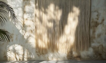 Poster - Sunlight casting shadows on textured wall with neutral macrame wall art
