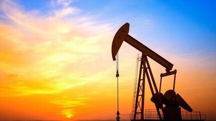 Poster - Oil pump jack is silhouetted against a vibrant sunset, symbolizing the ongoing extraction of crude oil and its impact on the energy industry
