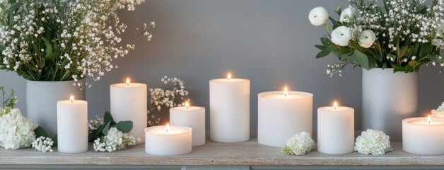 Canvas Print - Rustic shelf adorned with scented candles and a ceramic vase, showcasing shabby chic interior design in a modern living room