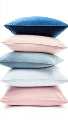 Poster - A beautifully arranged stack of soft pillows with varying pastel shades rests against a clean white backdrop, creating a scene of comfort and elegance