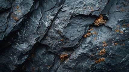 Leinwandbilder - Unique layers of dark rock reveal intricate textures and mineral formations, highlighting the beauty of nature's geological artistry in a calm outdoor environment.