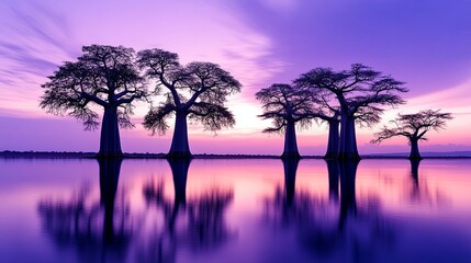 Wall Mural - Serene sunset over reflective lake with silhouetted baobab trees