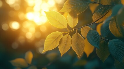 Canvas Print - Golden leaves bathed in sunlight, forest background