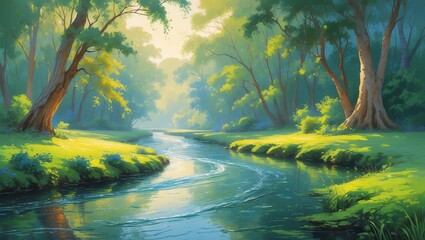 Poster - Serene river winding through a lush forest with sunlight filtering through the trees in the early morning