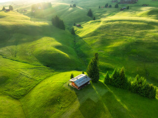 Wall Mural - aerial view of green alpine meadows with houses on the hills at sunset in summer. top view of mounta