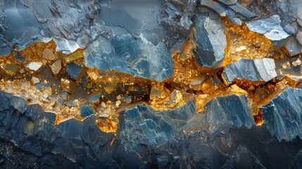 Aufkleber - This striking mineral formation reveals a rich interplay of golden veins contrasting with shades of blue and gray, exemplifying natural geological artistry found in rocks.