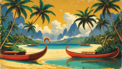 Wall Mural - scenic tropical beach with traditional boats surrounded by palm trees and mountains at sunset