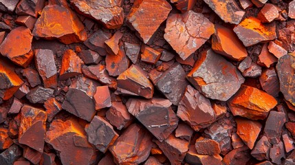 Poster - Bright red and orange rock fragments are closely packed together, showcasing various sizes and shapes, reflecting sunlight and highlighting their unique mineral compositions.