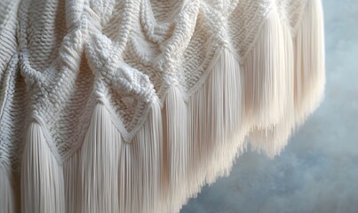 Poster - Intricate textured surface of cream colored fabric with long straight fringe