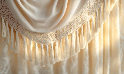 Poster - Elegant cream-colored fabric with crochet detailing and tassels close up