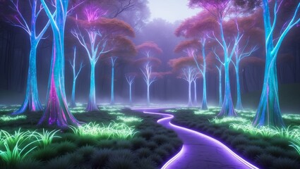 Poster - Mystical forest path illuminated by vibrant colors and glowing trees at dusk