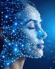 Poster - A digital representation of a woman's face composed of interconnected nodes and glowing lights, symbolizing technology and innovation.