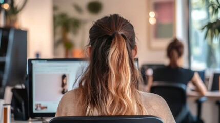 Aufkleber - Back view of a female employee working diligently at a desktop computer in a bright, modern office, immersed in tasks within a collaborative workspace designed for productivity