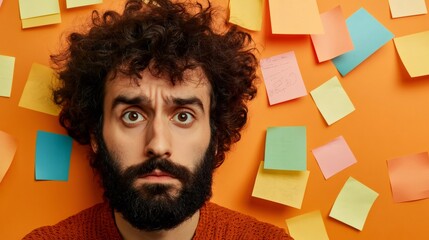 Aufkleber - Stressed individual stands against a vibrant orange background, enveloped by colorful sticky notes. The scene embodies the chaos of multitasking and the pressure of looming deadlines