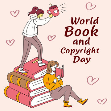 World Book and Copyright Day Vector Illustration Featuring Two Women Engaged in Reading and Sharing Knowledge, Representing the Joy of Literature, Education, and Intellectual Growth