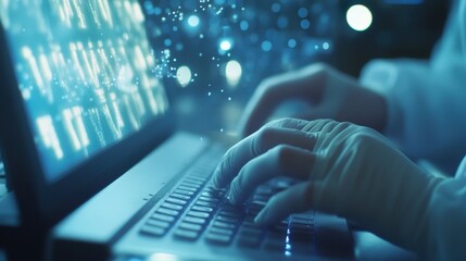 Poster - close up of gloved hands typing on laptop keyboard, developing secure software in a high tech enviro