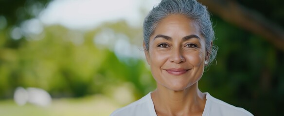 Wall Mural - A woman with grey hair is smiling and looking at the camera. She is wearing a white shirt and standing in a park