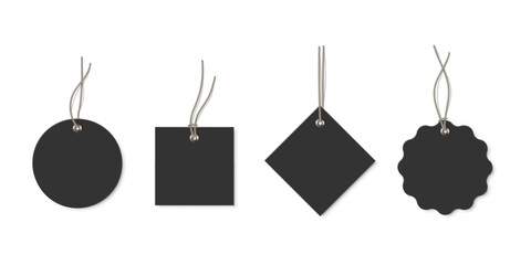 Poster - Black hanging tags set. Blank labels mockups. Paper empty stickers of different shapes for price, sales, gifts, presents. Realistic vector illustrations collection isolated on white background.