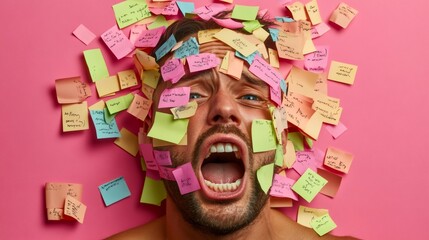 Aufkleber - Man surrounded by colorful sticky notes, expressing stress and chaos. Represents multitasking, time management challenges, and work related pressure in a busy professional environment