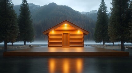 Wall Mural - Serene wooden cabin on a reflective lake, surrounded by tall trees and misty mountains at dusk