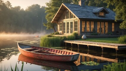 Poster - rustic lakeside cabin at dawn with a serene atmosphere and a wooden boat gently resting on calm wate