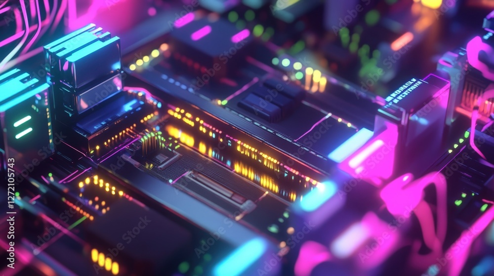 Complex neon lit circuit board processing data with security measures ...