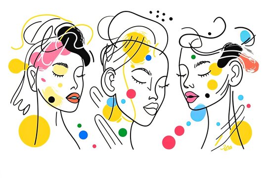 Set of three Modern abstract faces. Contemporary outline female silhouettes. Colored spots.