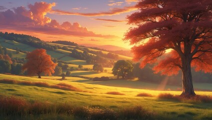 Wall Mural - autumn sunset over rolling hills with vibrant foliage and serene landscape view in a tranquil countr