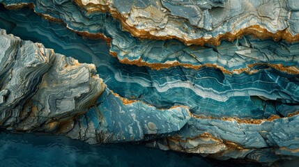 Poster - Intricate layers of blue and gold stone create a captivating landscape, showcasing natural patterns formed by erosion at a coastal location under bright sunlight.