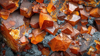 Poster - Vivid orange mineral crystals are clustered together, showcasing their unique geometric shapes and textures against a backdrop of dark rock and minerals in the sunlight.
