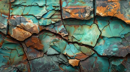 Fototapete - An intricate surface displays a mix of turquoise and orange tones, emphasizing cracked layers that suggest age and weathering, creating an eye catching abstract pattern.