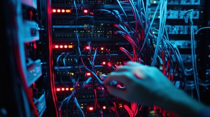 Aufkleber - close up of a technician's hand connecting cables in a server room, bathed in red and blue light, hi