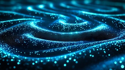 Poster - glowing blue particles form dynamic waves against dark background, creating futuristic abstract patt
