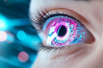 Poster - Futuristic close up of human eye with digital technology pattern, glowing pink and blue cyber circles, representing artificial intelligence and biometric scanning.