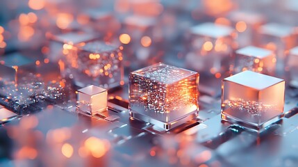 Poster - Glowing translucent cubes with orange light effects on reflective surface, abstract technological background with bokeh and depth of field for digital concepts.