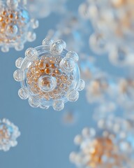 Poster - Microscopic view of virus cell structure in blue and orange tones, showing detailed spherical shape with protein spikes on surface for medical and scientific visualization.