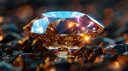 Poster - Brilliant cut diamond with warm amber reflections and light sparkles against dark background, macro photography showing facets and crystal structure.