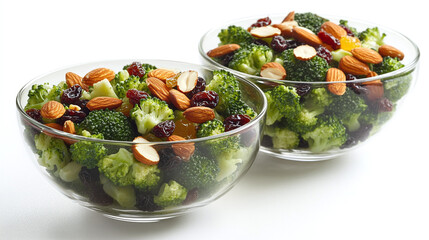 Wall Mural - Collection of two broccoli salad bowls with raisins and almonds isolated on white background.