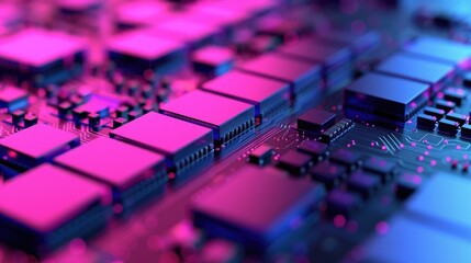 Poster - A close-up view of a vibrant, illuminated circuit board featuring various microchips and components in shades of purple and blue.