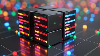 Poster - A futuristic, illuminated cube structure with vibrant lights on a reflective surface, set against a colorful, bokeh backdrop.