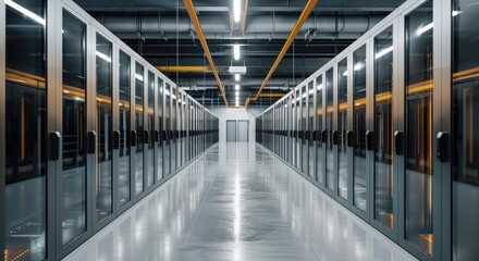 Poster - A modern data center corridor with rows of server racks and bright overhead lights, showcasing a sleek, high-tech environment.