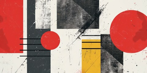 Poster - A vibrant abstract composition featuring geometric shapes in red, yellow, black, and gray, creating a dynamic visual contrast.