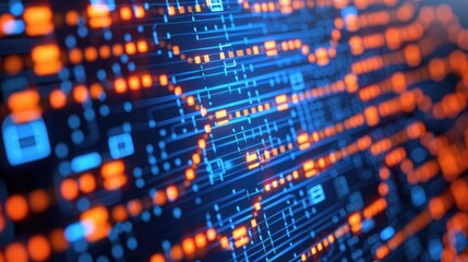 Poster - A close-up view of a digital circuit board with glowing blue and orange lines, symbolizing advanced technology and data processing.