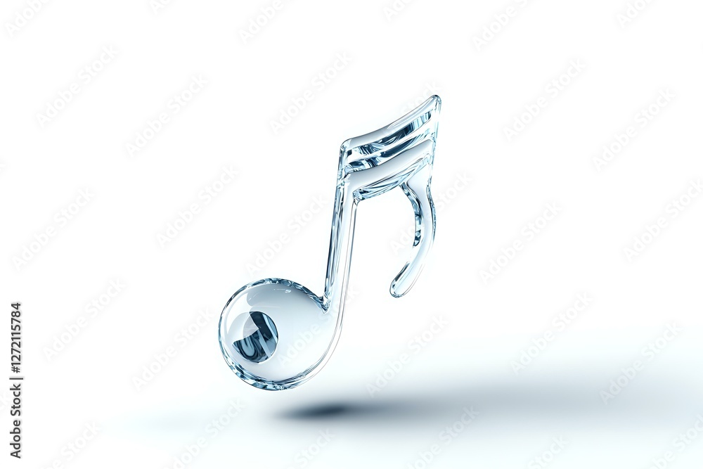 Musical note made of clear ice or glass floating with soft shadow on ...